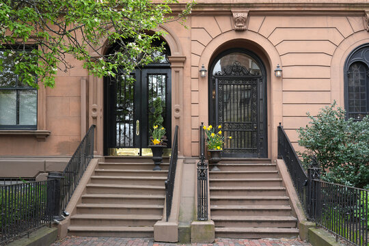 Front steps of old brownstone style townhouses or apartment buildings