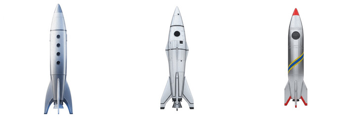 Isolated Rocket Ship PNG Set, Classic Metallic Spacecraft Exploration Vessel Transparent Background, Modern Science Technology Galaxy Travel Asset, Realistic Silver Rocket Ship Cutout for Design © G. Ramos