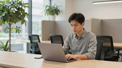 Fototapeta premium Remote worker using laptop in biophilic coworking lounge with indoor trees and daylight