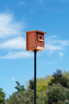 Wooden Birdhouse Mounted On Pole Against Blue Sky