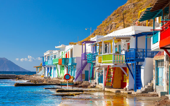 Vibrant fishing village of Klima with white houses and colorful doors on Milos Island in Greece