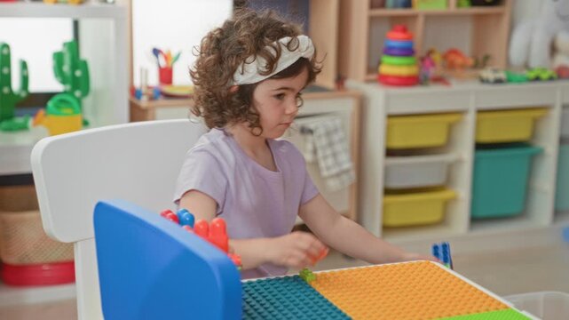 Girl with headband placing a green toy block on a pegboard mat, right hand on the table, assembling pieces inside a colorful playroom building; playful curiosity.