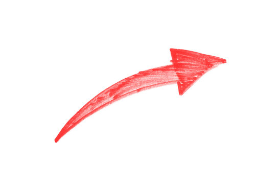 Hand-drawn red curved arrow pointing up right isolated transparent background, Minimalist crayon style sketch of a thick black upward indicator arrow, doodle illustration