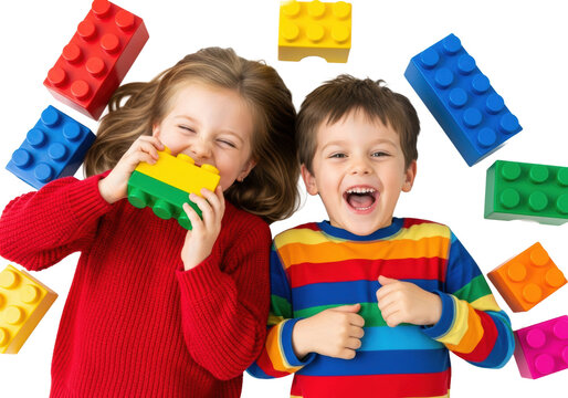 Caucasian preschool children lying on backs, laughing ecstatically, vibrant colored building blocks scattered around them on a transparent studio background, high-angle flat lay, concept of
