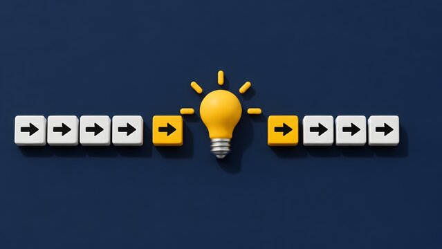 Disruptive Innovation and Creative Breakthrough Concept with Glowing Lightbulb Interrupting Arrow Sequence