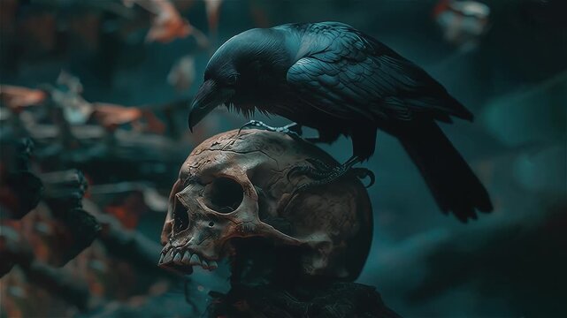 A raven on a skull. A raven perches on a human skull. An atmosphere of mysticism, death, and symbolism, cinematic lighting.
