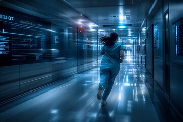 Fototapeta premium Urgent Response: Female Nurse in Scrubs Running Down a Futuristic Hospital Corridor Toward an Intensive Care Unit Emergency