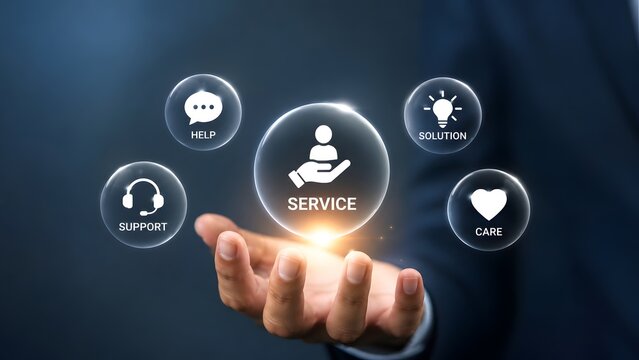 Businessman hand holding glowing service icons representing customer support helpdesk and corporate client care solutions