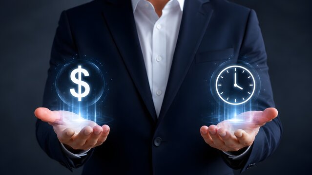 Business professional holding glowing holographic dollar sign and clock icons symbolizing financial balance and time management strategy