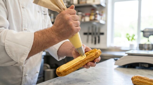 Pastry chef using a piping bag to fill a fresh eclair with yellow vanilla cream