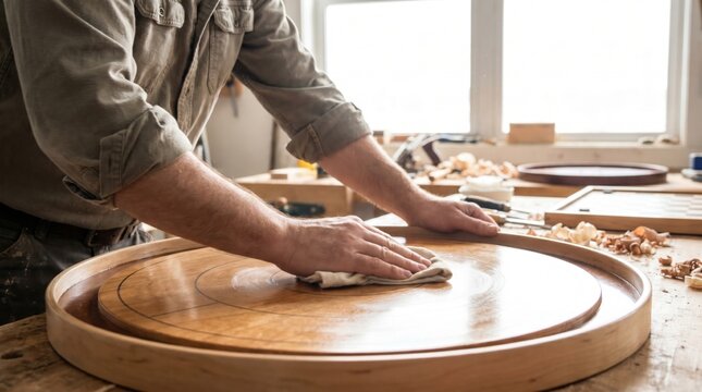 Craftsman polishing a round wooden carrom board with a cloth on a workbench