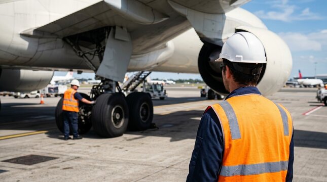 Mec&acirc;nico de avia&ccedil;&atilde;o com equipamento de seguran&ccedil;a observando a manuten&ccedil;&atilde;o do trem de pouso de um avi&atilde;o comercial na pista do aeroporto.