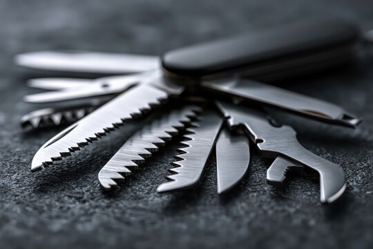 Close-up macro shot of a multi-tool pocket knife with various blades and tools extended on a dark textured surface.