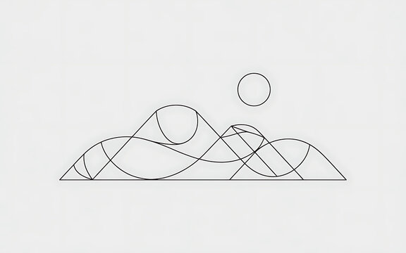 Geometric abstract landscape with sun and curved overlapping lines isolated on a transparent background