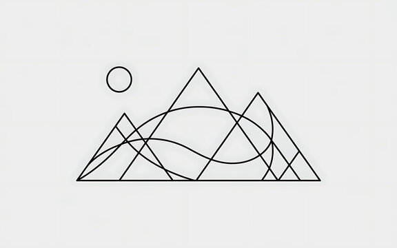 Geometric mountain silhouettes with sun and curved lines isolated on a transparent background mountains