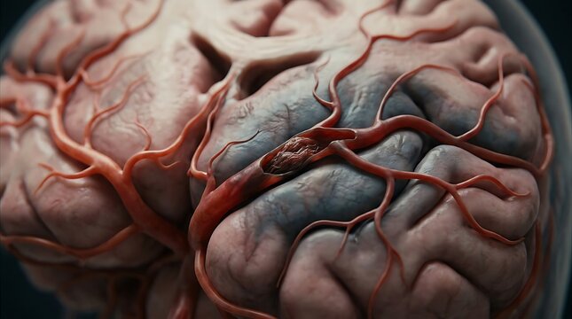 Human brain with arterial blockage representing ischemic stroke