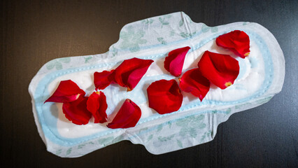 White sanitary pad with scattered red rose petal on dark wooden background © Preethiloki