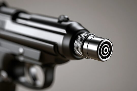 Close-up macro shot of a sleek, modern handgun barrel with a threaded muzzle and intricate detailing.