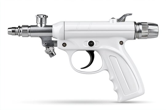 A sleek, modern white and chrome paintball marker or airsoft gun, isolated on a white background.