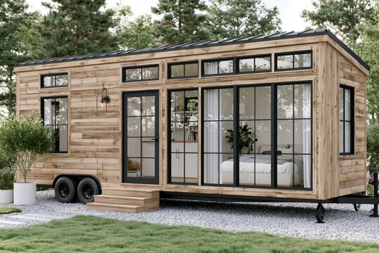 Modern wooden tiny house on wheels with large windows, nestled in a lush green forest setting.