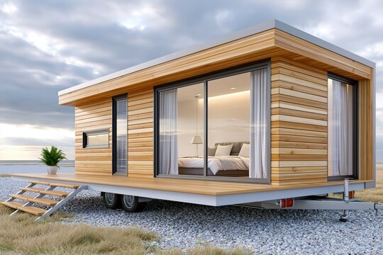 Modern tiny house on wheels with wooden exterior, large glass windows, and a deck overlooking a serene landscape.