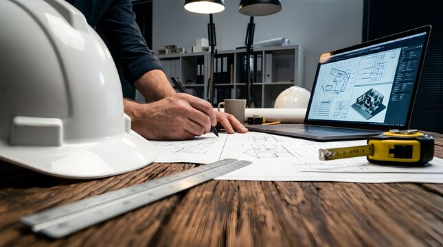 Architect hands drafting house blueprints on wooden desk. Features white hard hat, laptop with CAD design, tape measure, and ruler in a dim office environment.