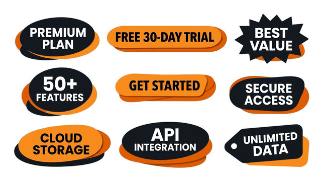 Vector collection of modern marketing labels and badges for digital product features, subscription plans, and website promotional offers