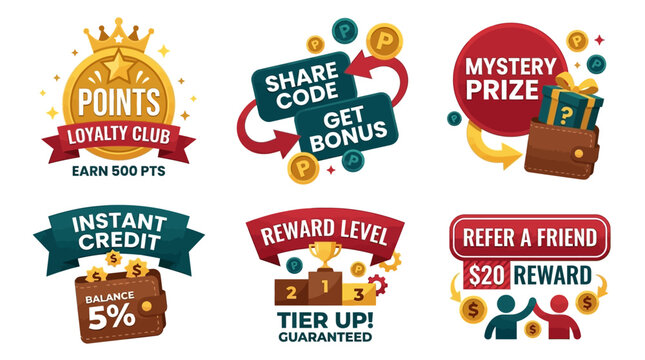 Collection of six colorful badges and icons representing rewards, points, and special offers for customer loyalty programs