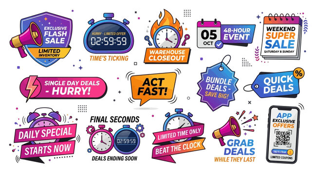 Vibrant collection of promotional sale badges and limited-time offer labels, designed for e-commerce marketing, online shopping campaigns, and retail promotions