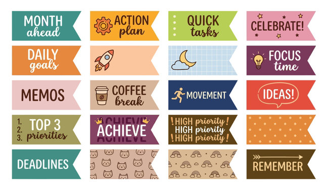 Set of decorative planner stickers with motivational phrases and icons