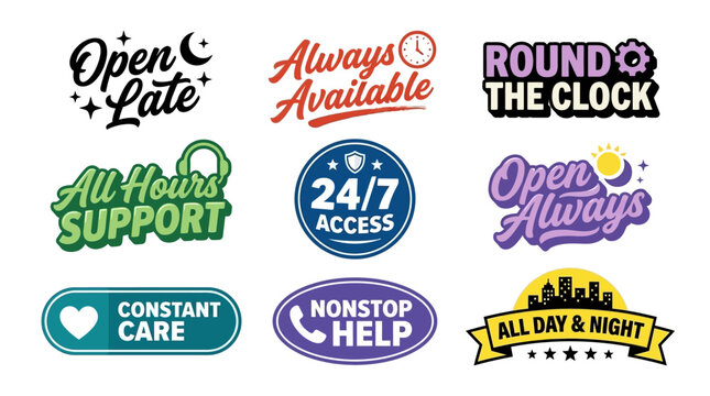 Collection of vibrant vector badges illustrating continuous business support, extended hours, and always-on customer availability services