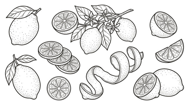 Lemon fruit engraving set with citrus slices and peel.
