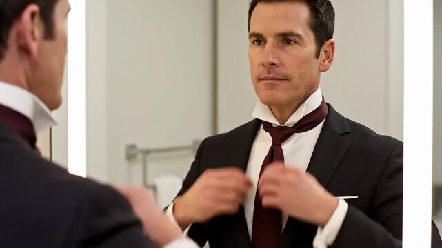 A man in a black suit adjusting his maroon tie in front of a mirror in a modern bathroom