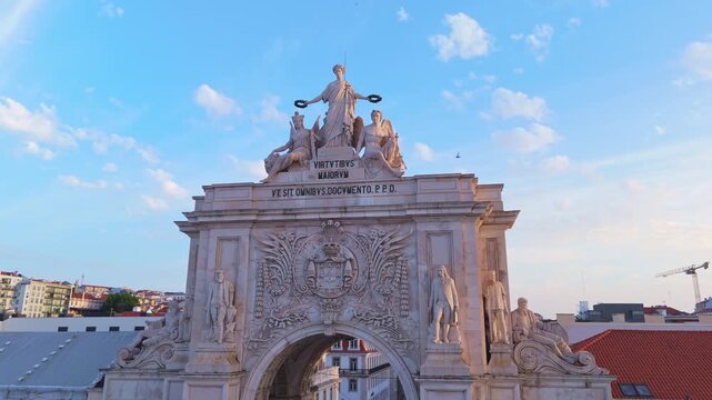 Lisbon City on Sunny Morning. Augusta Street Arch. Portugal. Aerial Drone Shot. Orbiting