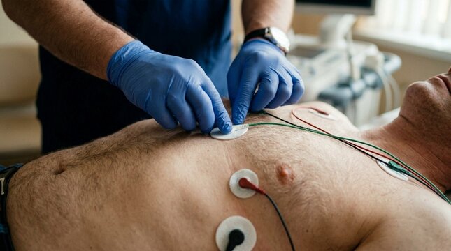 Doctor attaching electrodes to patient's chest for ECG test in hospital