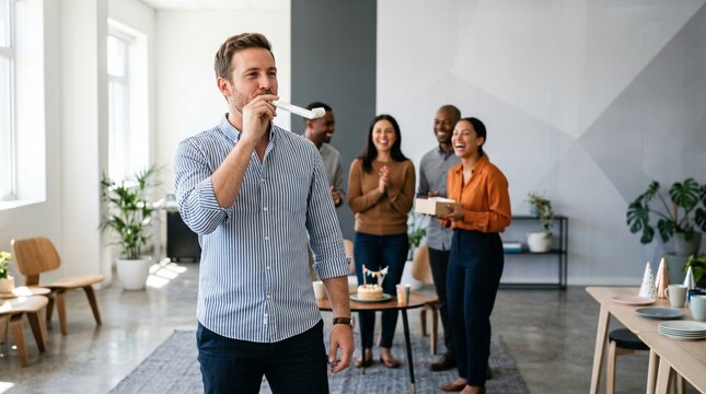 Man celebrating with party horn in modern office during gathering  