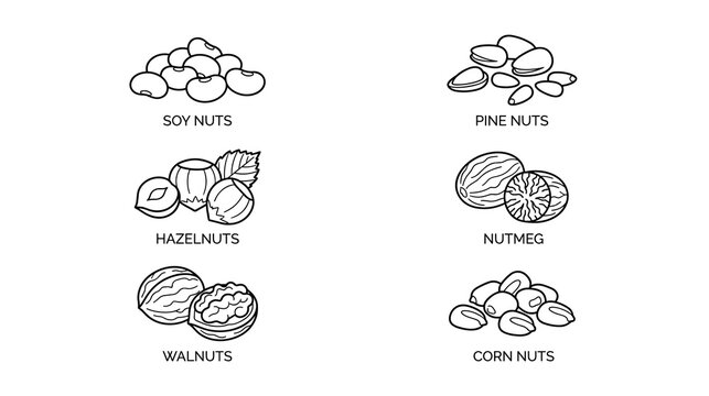 Various nuts and seeds in simple line art style illustration.