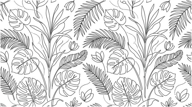 Tropical leaves foliage seamless pattern outline design.