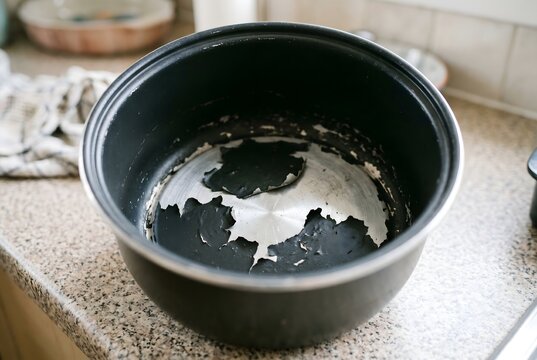 Severe peeling of black Teflon coating inside a rice cooker pot