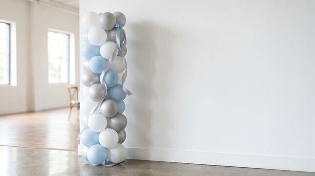 Colorful balloon column decoration in bright modern interior  