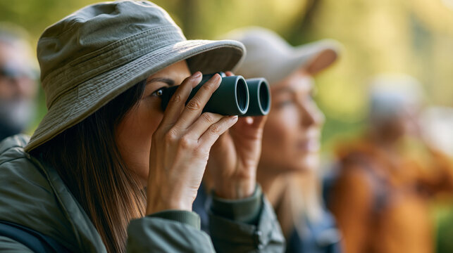 Faceless female friends identifying birds and wildlife during nature-focused hiking adventure, wildlife observation, nature education, hiking activity, with copy space
