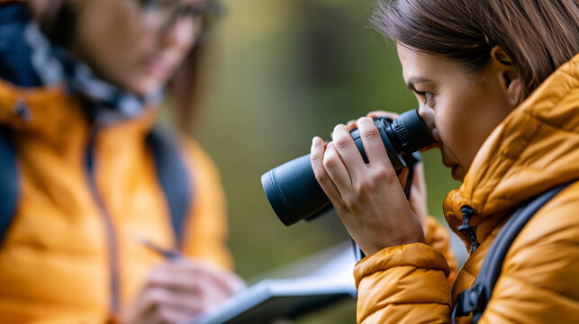 Faceless female friends identifying birds and wildlife during nature-focused hiking adventure, wildlife observation, nature education, hiking activity, with copy space