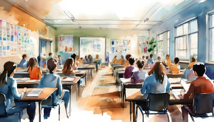 Obraz premium Bright watercolor classroom illustration with students at desks