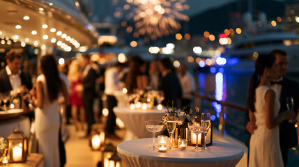 Fototapeta premium Upscale New Year's Eve party on a yacht deck, guests in formal attire surrounded by lanterns and elegantly decorated celebration tables, fireworks visible above the water,