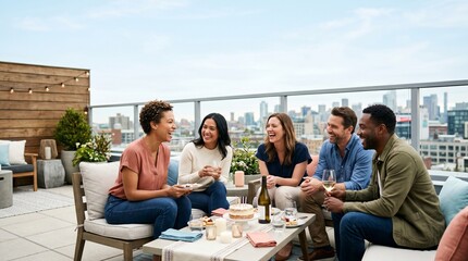 Fototapeta premium Group of friends laughing and enjoying drinks on a rooftop terrace 