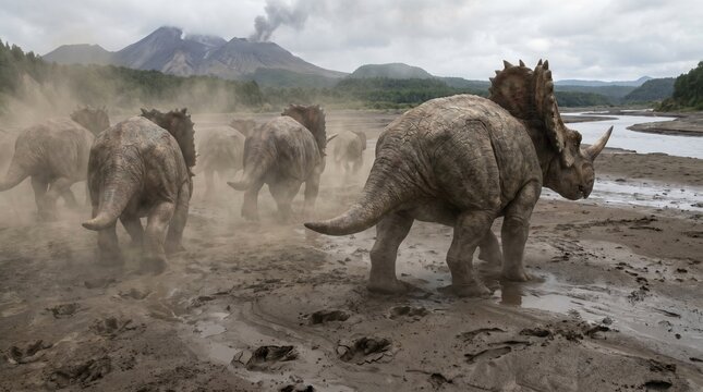 A herd of Styracosaurus dinosaurs charging through a muddy, dusty landscape with a smoking volcano in the background. This image depicts a powerful prehistoric scene.