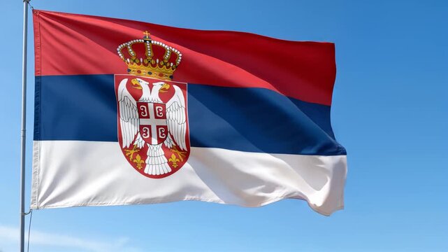 serbia serbian flag waving in blue sky