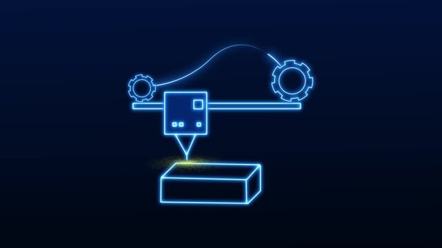 3D printer icon with gears in blue outline. Industrial 3D printer icon for additive manufacturing. Modern 3D printer icon for rapid prototyping.