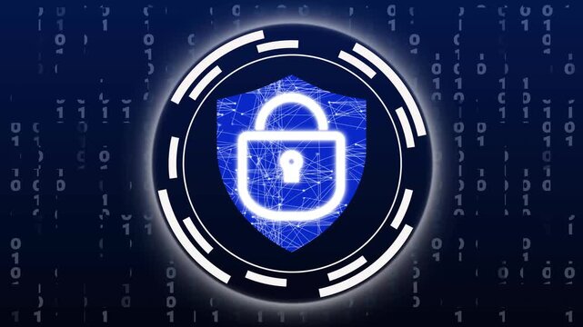 Glowing padlock and shield icon with network on binary code. Secure glowing padlock and shield icon for data protection. Professional glowing padlock and shield icon.