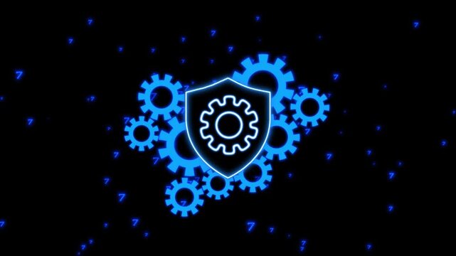 Neon blue shield and gears icon with binary code characters. Cyber neon blue shield and gears icon for industrial automation safety. Tech neon blue shield and gears icon.